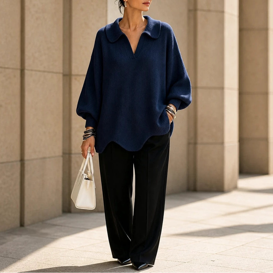 Velluna – Scalloped Hem V-Neck Sweater