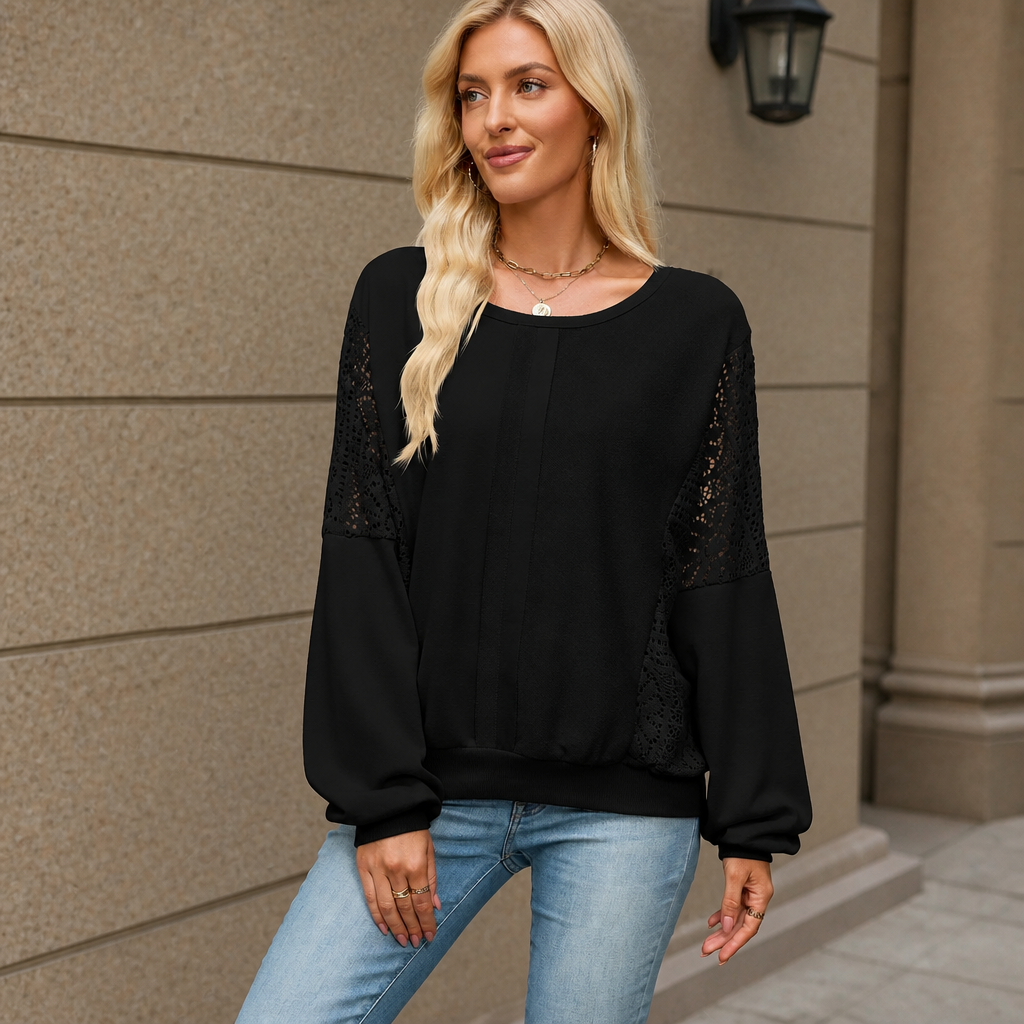 Lacebella – Floral Lace Panel Lantern-Sleeve Sweatshirt