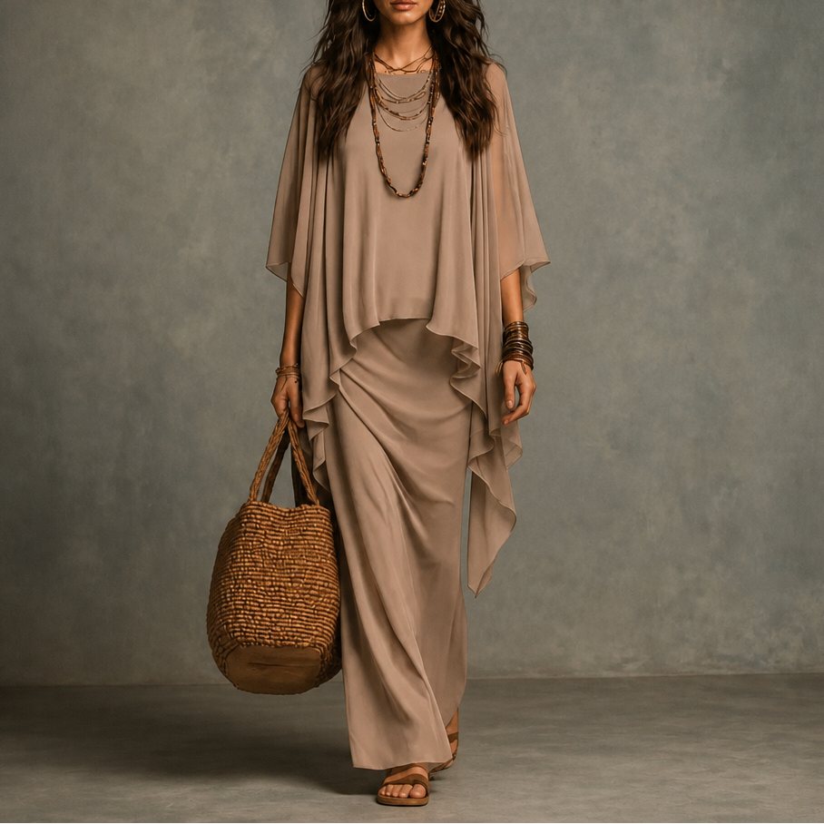 Draperie – Cape Sleeve Asymmetric Hem Maxi Dress