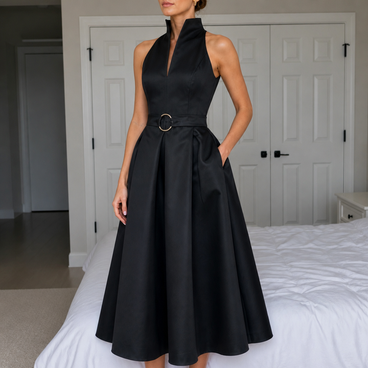 Elara Verona – Zip-Neck Stand Collar Fit-And-Flare Midi Dress