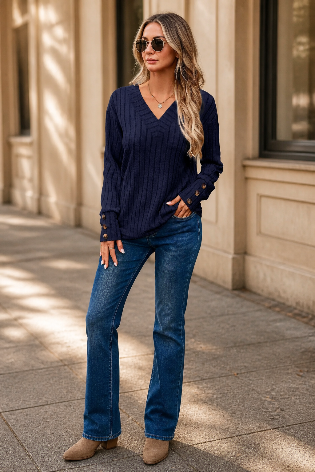 Mavenly – Ribbed V-Neck Button-Cuff Sweater