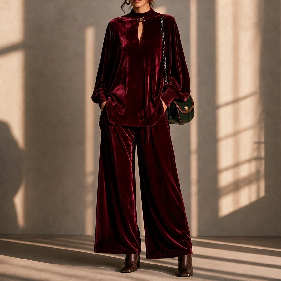Veloura – Keyhole Velvet Top And Wide-Leg Trouser Set