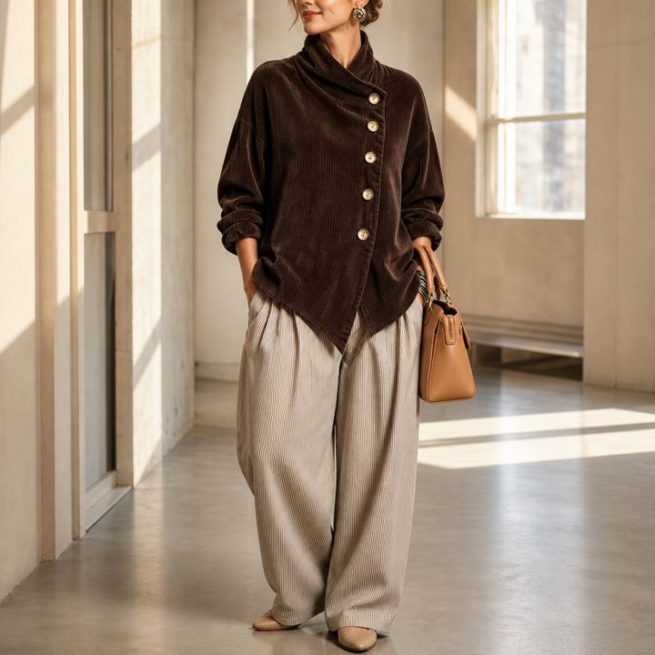 Foldover – Asymmetric Placket Funnel Neck Corduroy Top