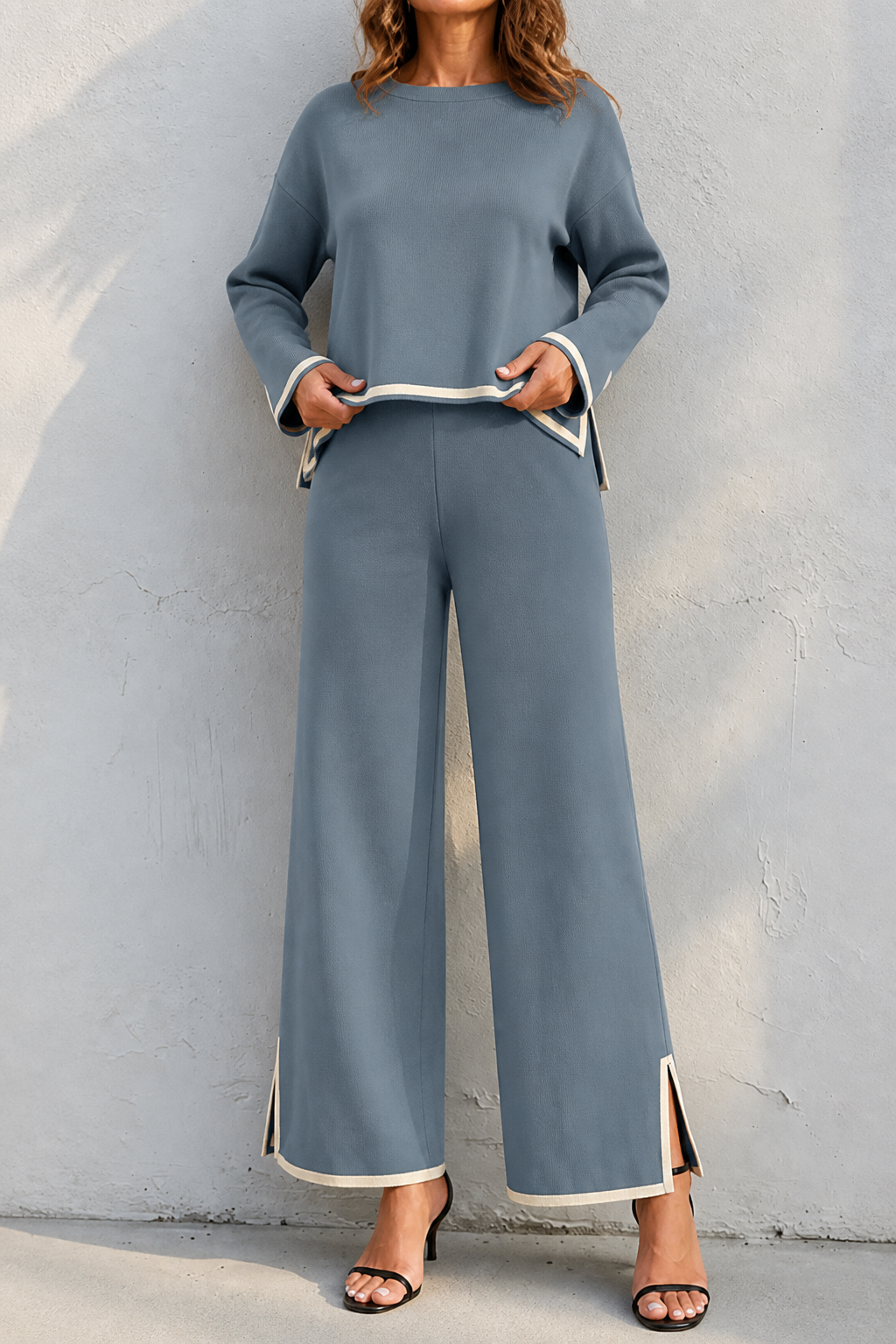 Setwell – Contrast-Trim Crewneck Top And Wide-Leg Pants Set