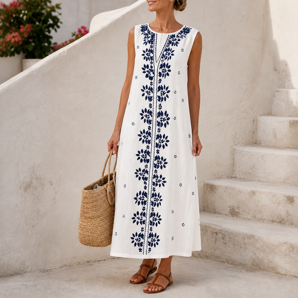 Lineluxe – Red Embroidered Sleeveless Maxi Dress