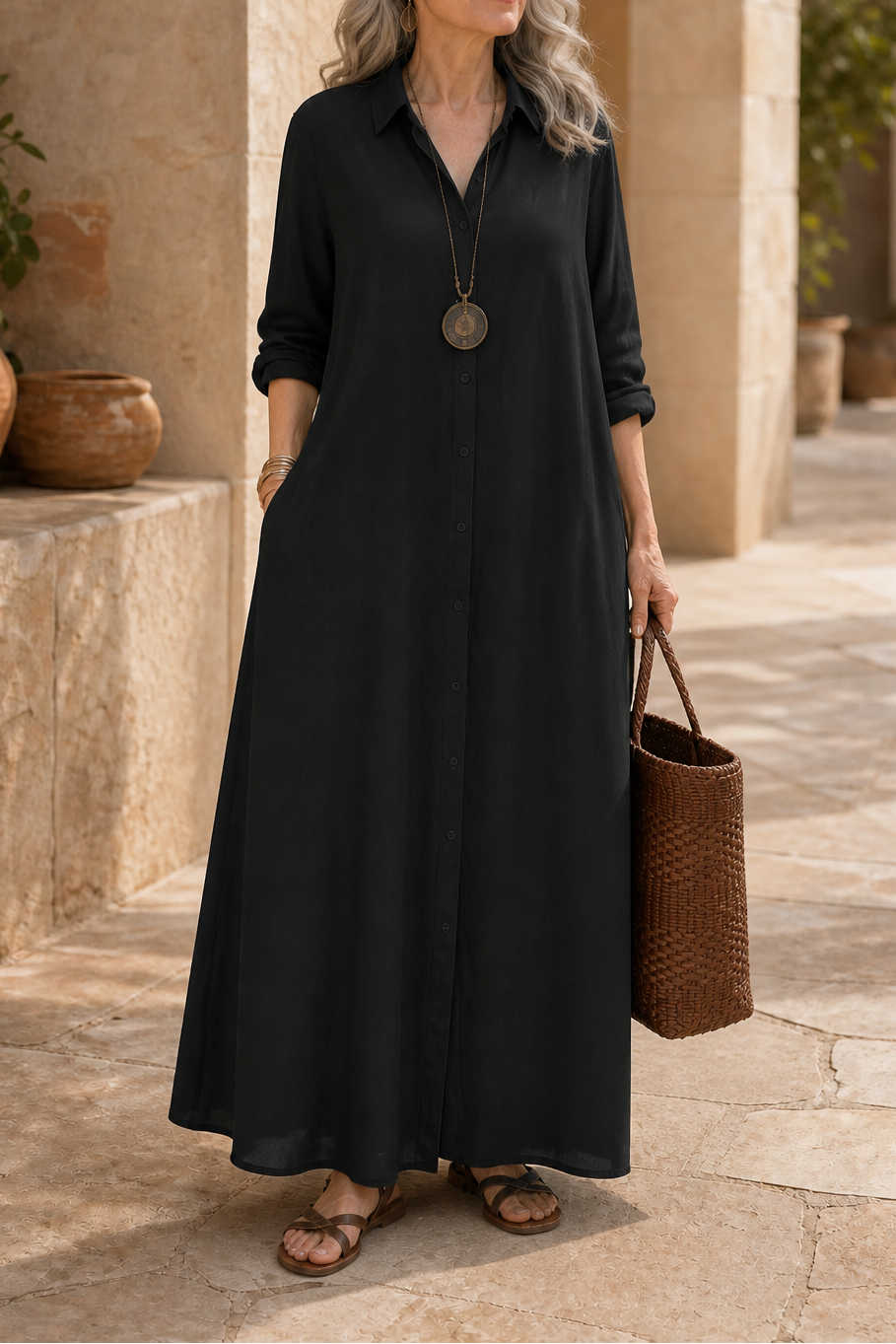 Wearbella – Oversized Cotton-Linen Maxi Shirt Dress