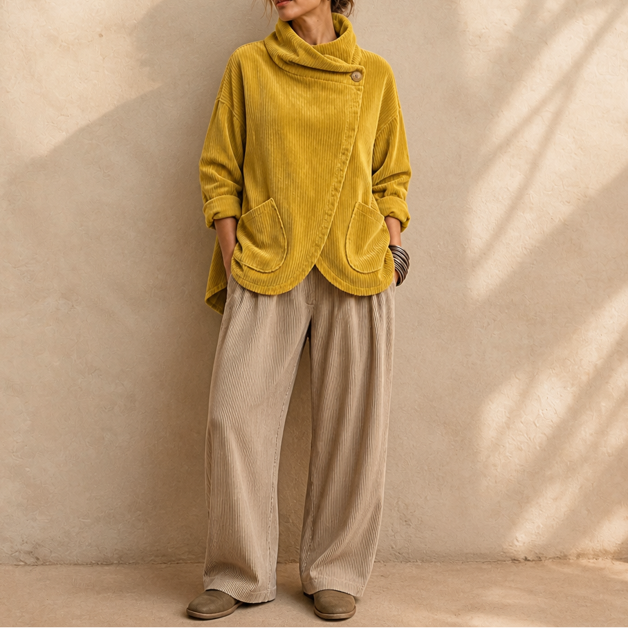 Draperly – Asymmetric Hem Hooded Corduroy Poncho