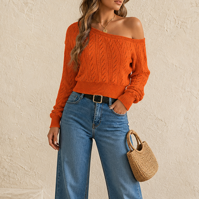 Wearbella – Cropped Off-The-Shoulder Knit Sweater