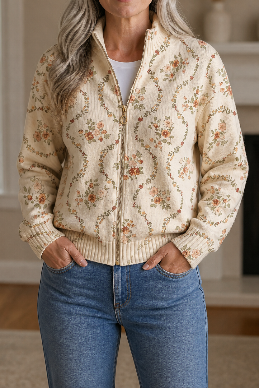 Threezip – Botanical Print Zip-Up Bomber Cardigan