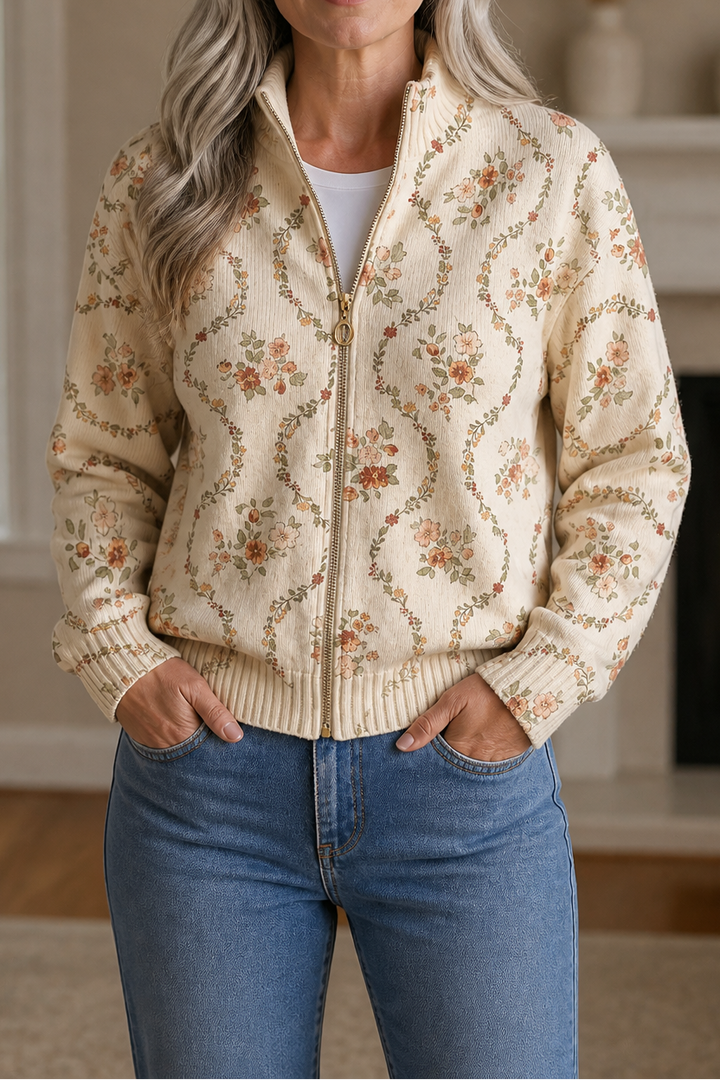 Threezip – Botanical Print Zip-Up Bomber Cardigan
