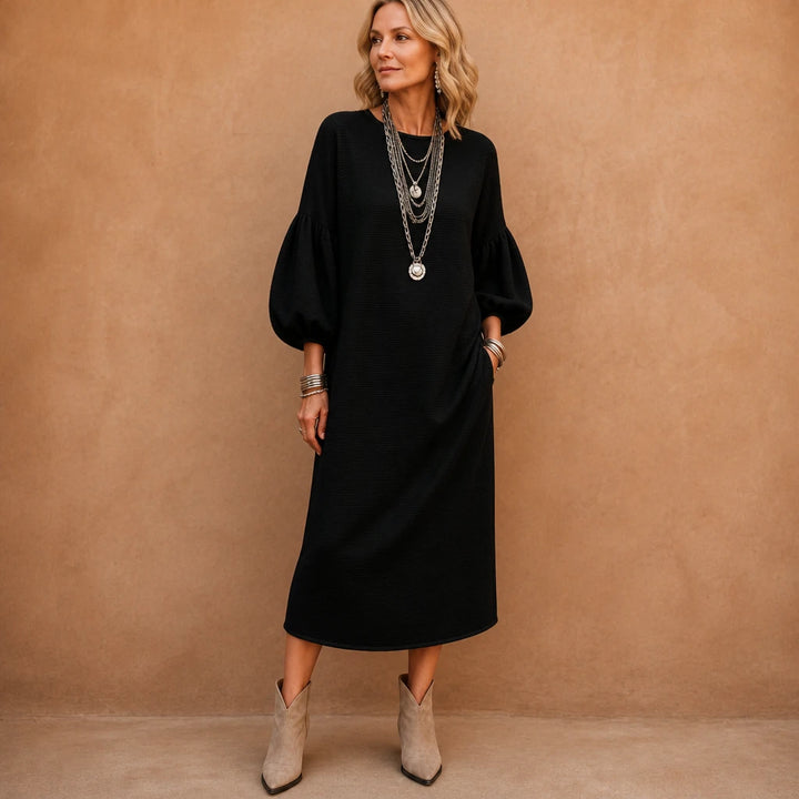 Vivelyn – Textured Knit Puff Sleeve Midi Dress