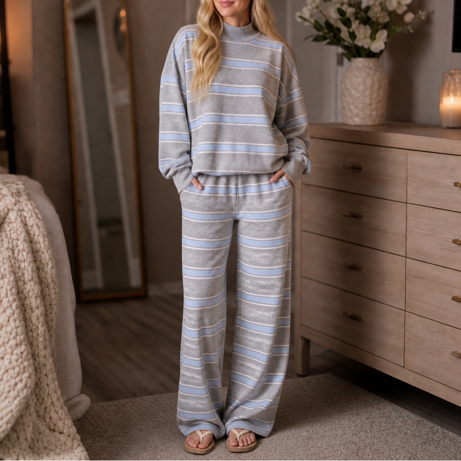 Stripe & Ease – Striped Mock-Neck Top And Wide-Leg Pants Set