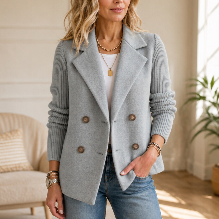 Wearbella – Knit-Sleeve Double-Breasted Blazer