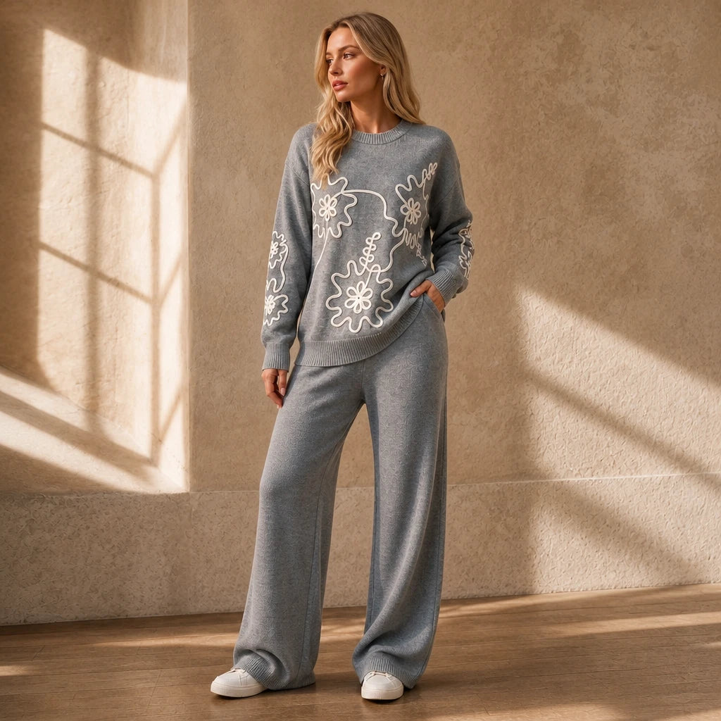 Florenza – Floral Embroidered-Look Knit Sweater And Wide-Leg Pants Set