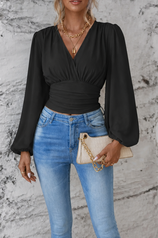 Cinchelle – Ruched Waist Puff Sleeve Chiffon Look Blouse