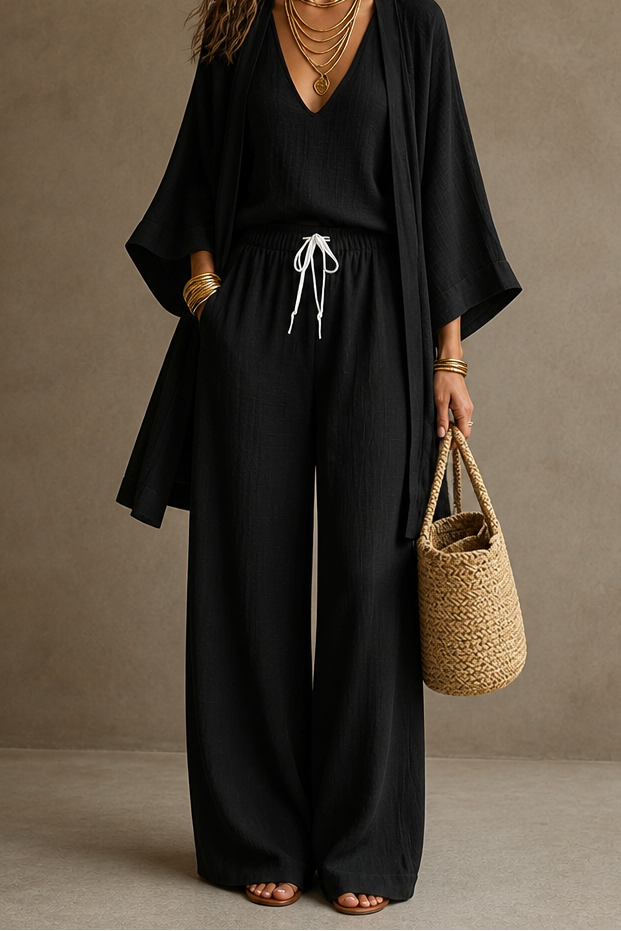 Wearbella – Open-Front Cardigan Wide-Leg Pants Set