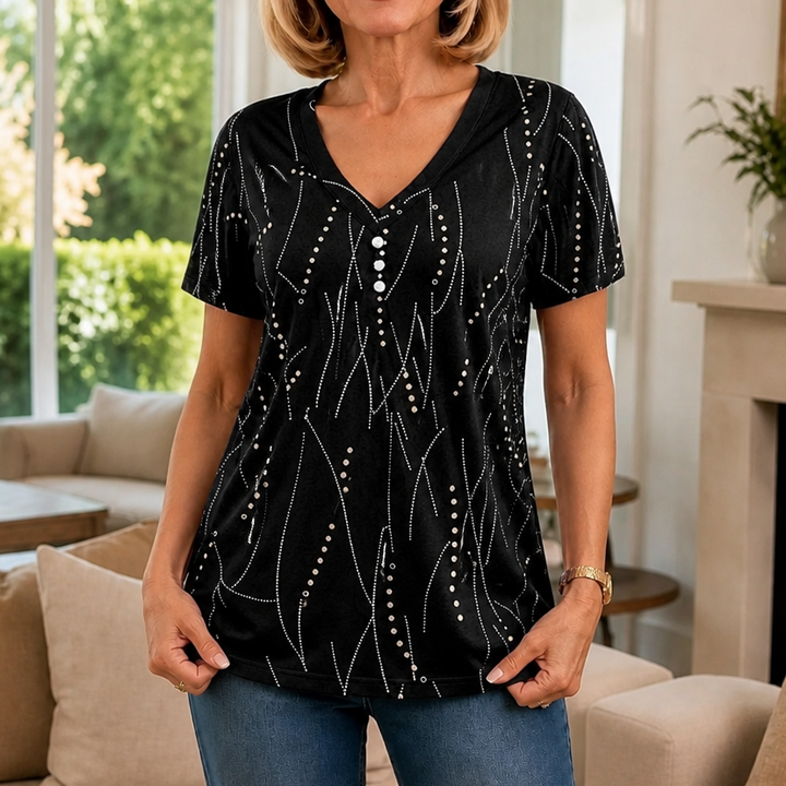 Vivelyn – Dimensional Print V-Neck Blouse
