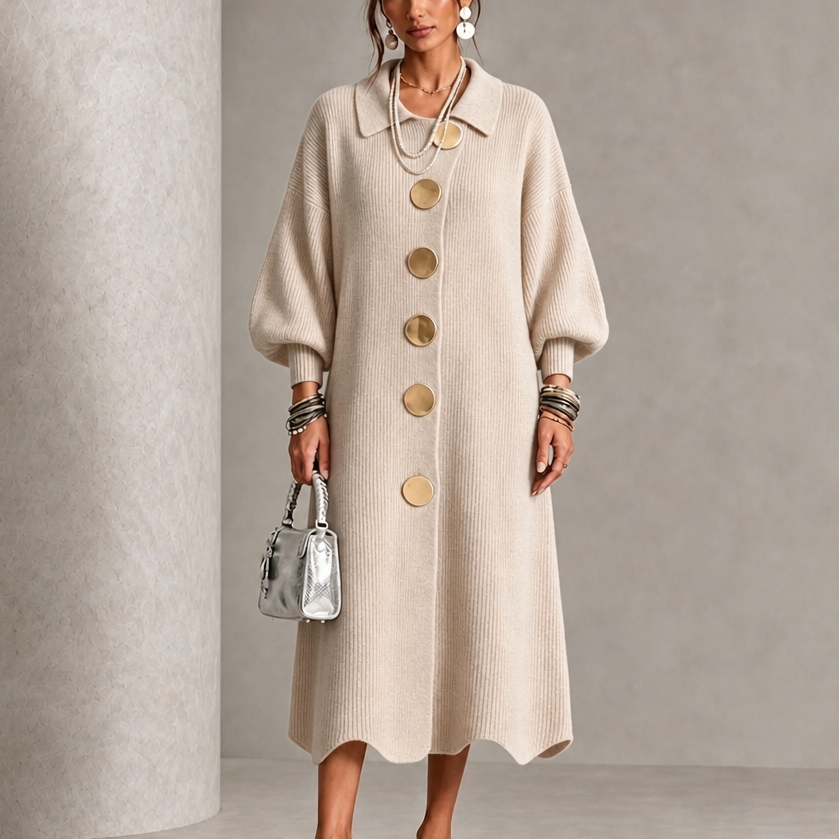 Vivelyn – Gold Button Ribbed Lantern Sleeve Maxi Dress
