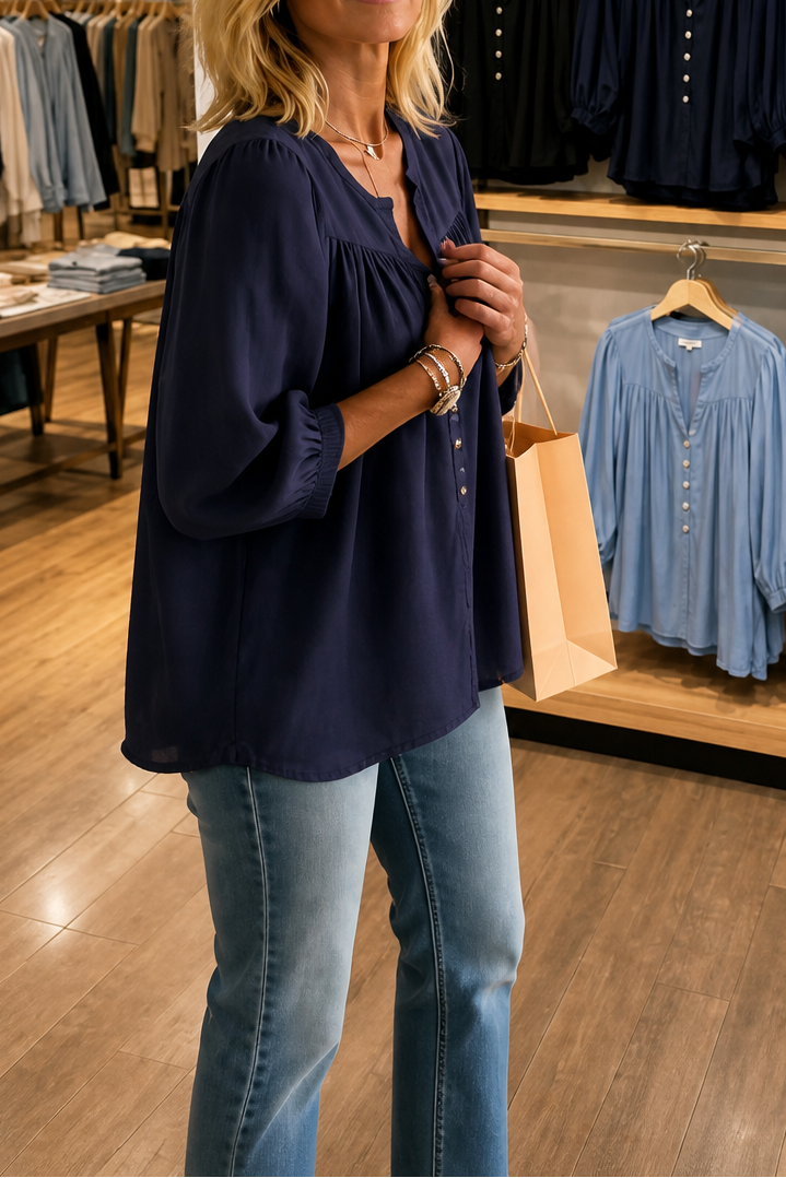 Wearbella – Gathered V-Neck Puff Sleeve Blouse