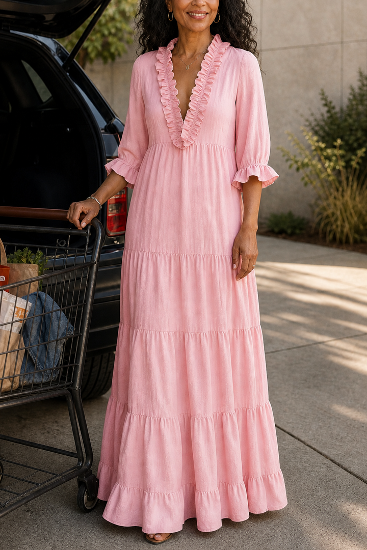 Breezalyn – Tiered Ruffle V-Neck Maxi Dress