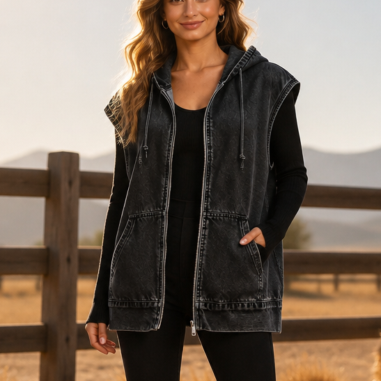 Wearbella – Oversized Hooded Denim-Look Vest