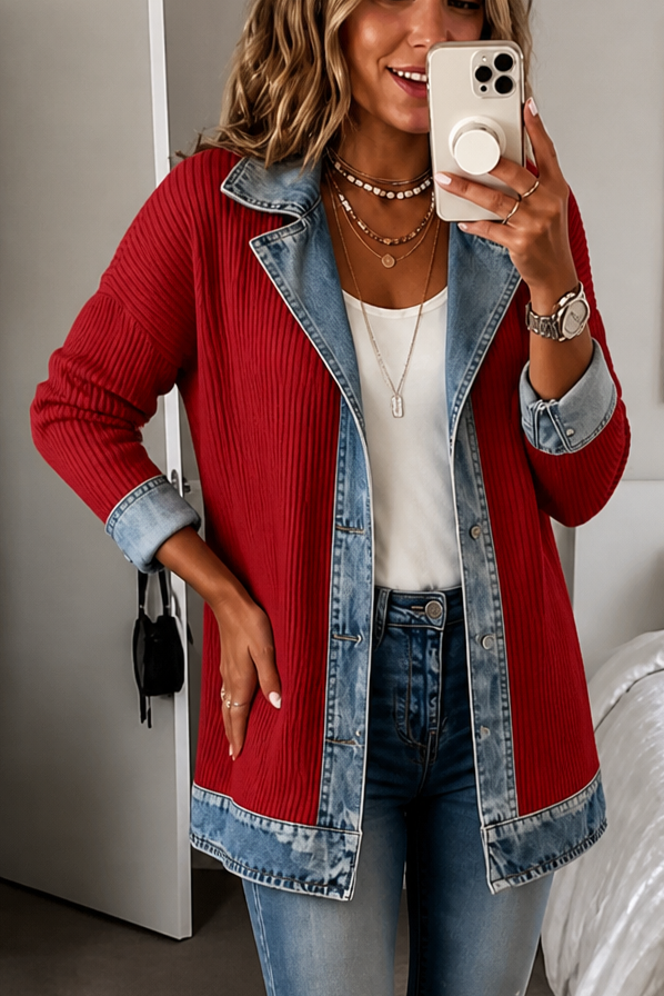 Wearbella – Denim-Look Spliced Ribbed Knit Coat