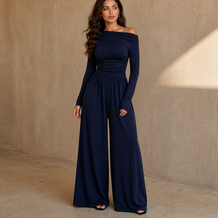 Wearbella – Off-Shoulder Ruched Wide-Leg Jumpsuit