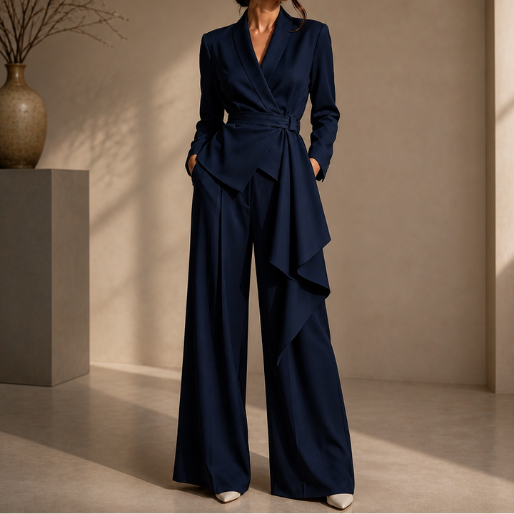 Drapevera – Buckle-Belted Wrap Blazer And Wide-Leg Trouser Set