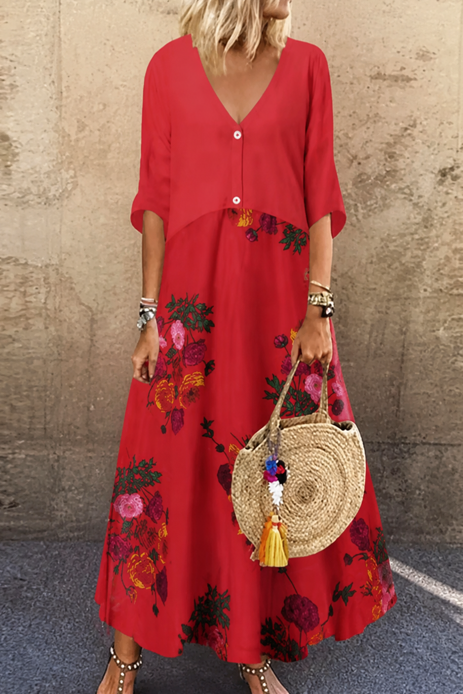 Lineluxe – V-Neck Button-Up Flowy Maxi Dress