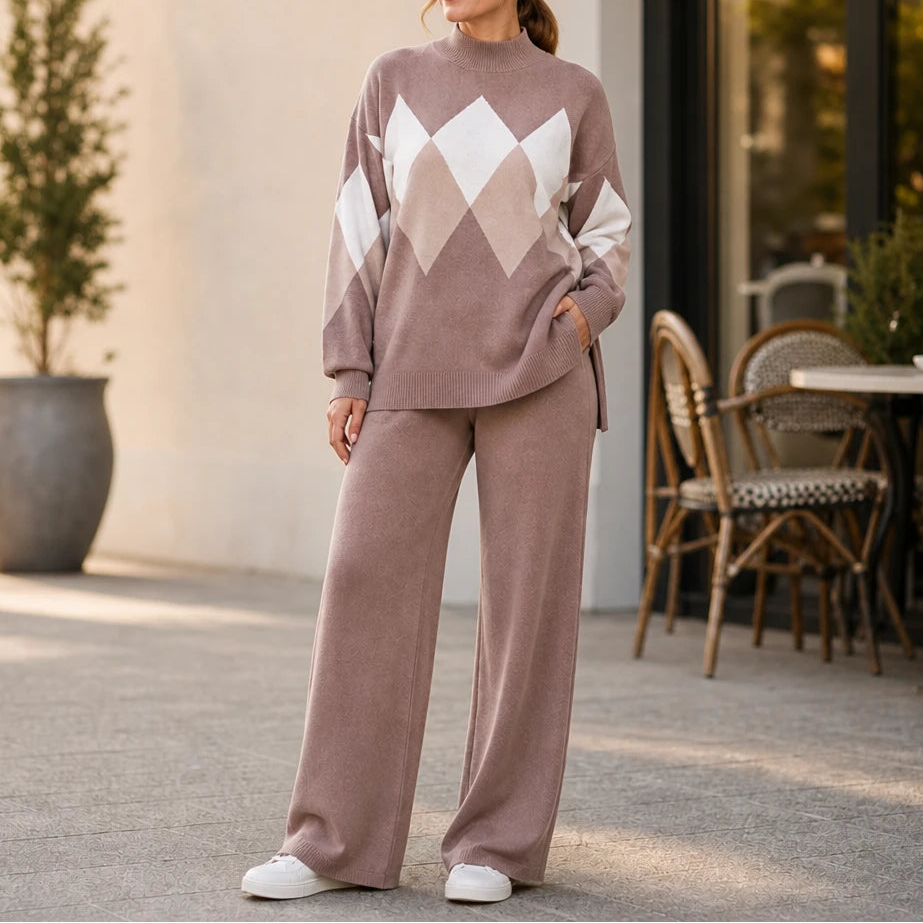 Argyle Ease – Argyle Knit Sweater And Wide-Leg Trouser Set