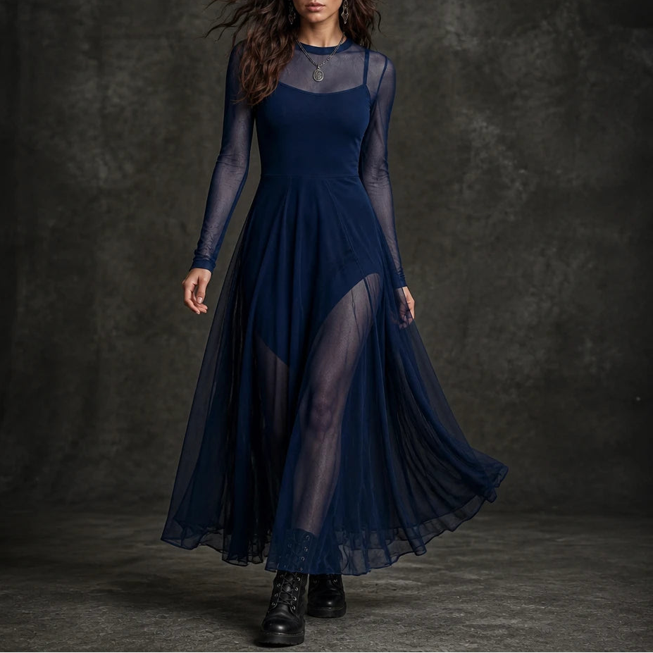 Noctelle – Tulle Patchwork Black Maxi Dress