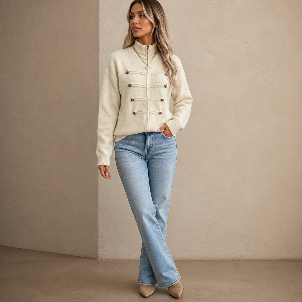 Mayfield – Gold Button Military-Style Knit Cardigan