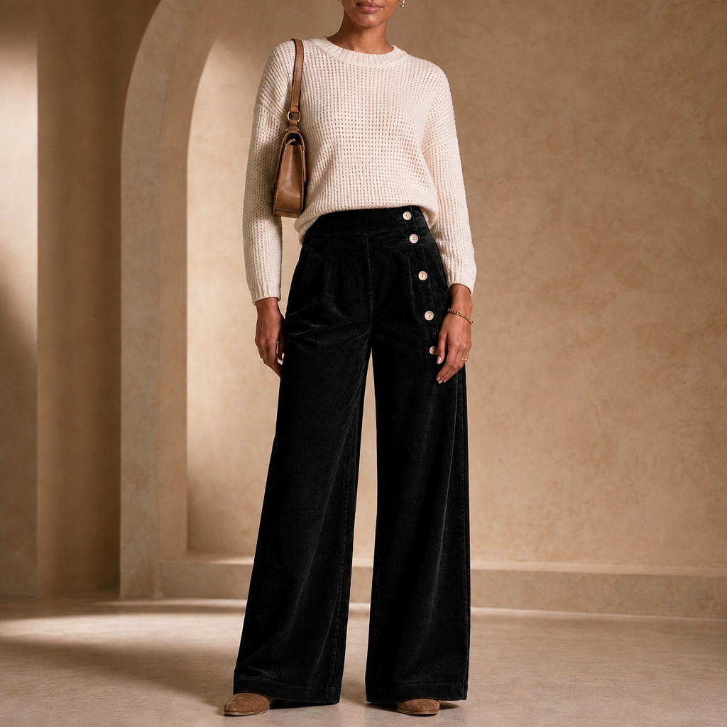 Cordelle – Asymmetrical Button-Front Pleated Wide-Leg Pants
