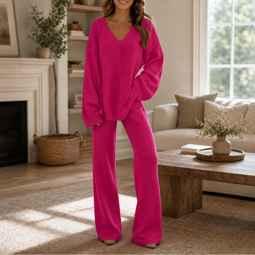 Vellora – V-Neck Knit Sweater And Wide-Leg Trouser Set
