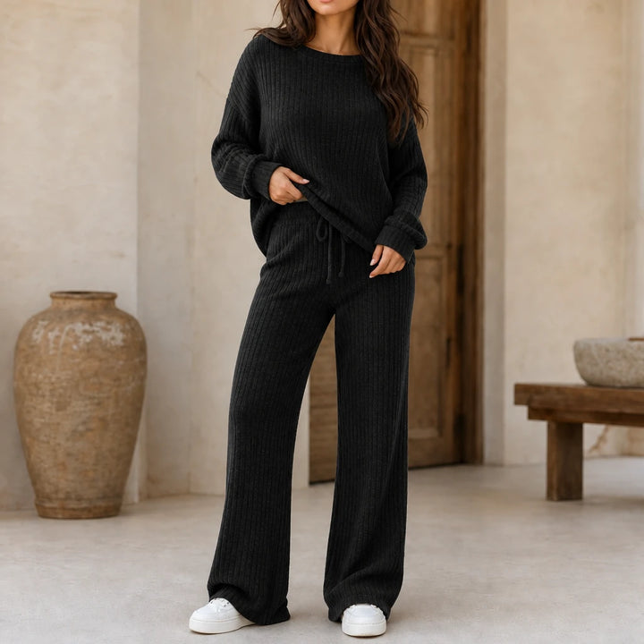 Softhaven – Ribbed Drop-Shoulder Sweater And Wide-Leg Pants Set