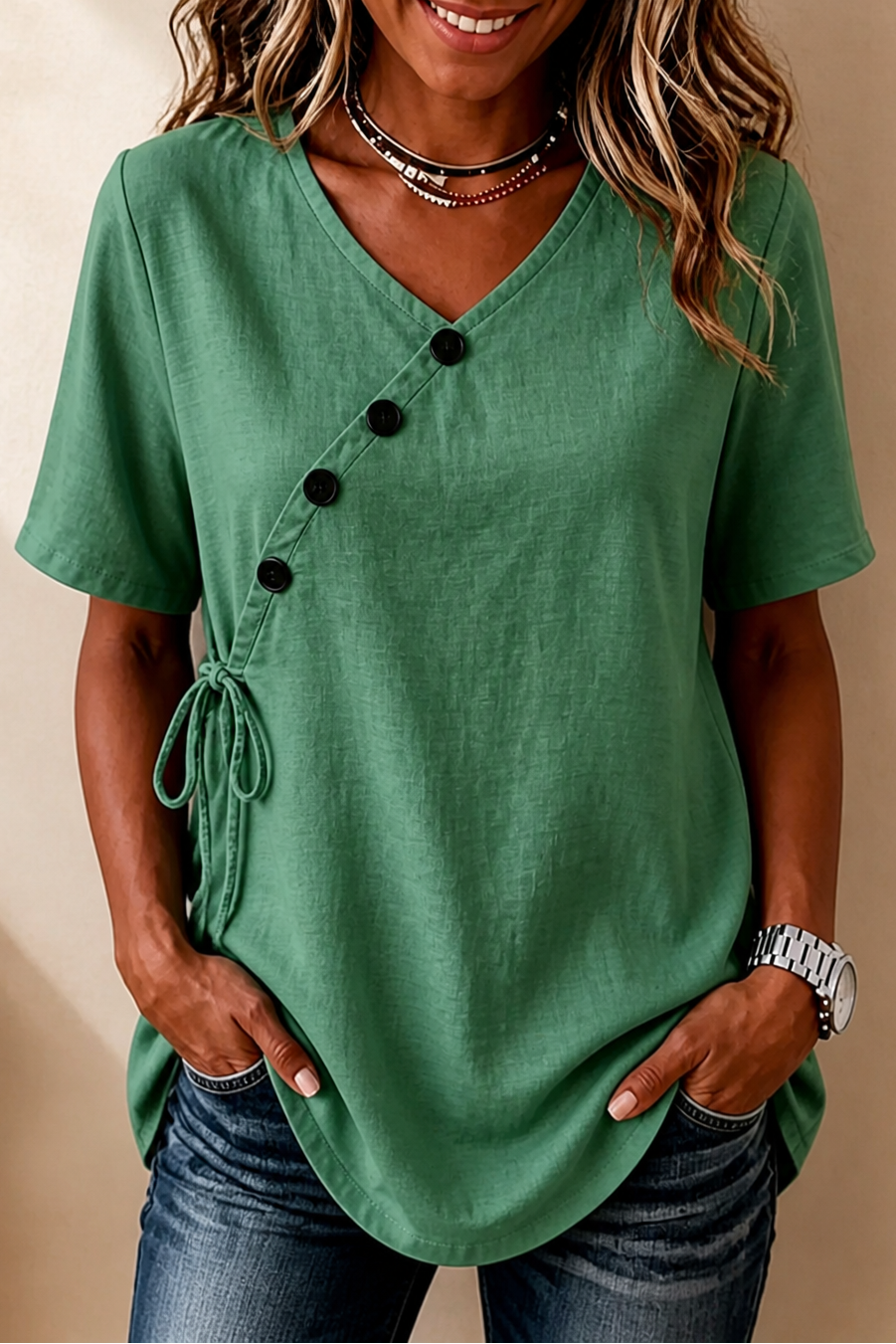 Wearbella – Side-Tie Diagonal-Button V-Neck Top
