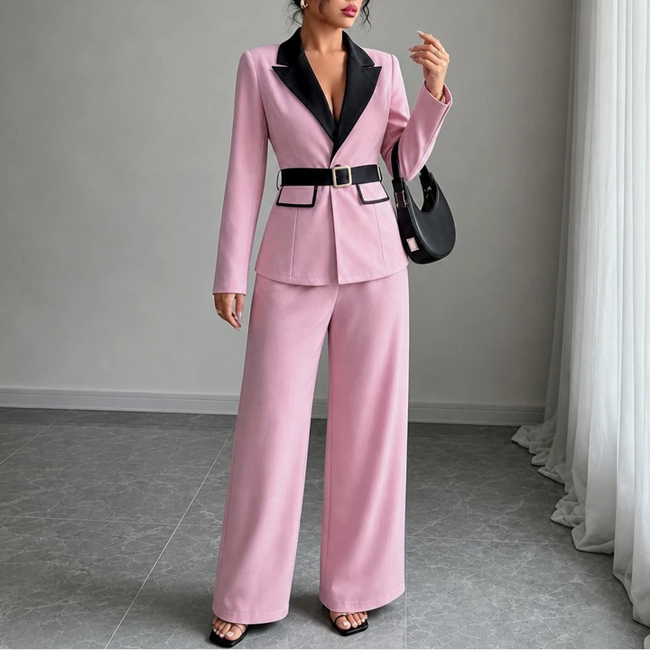 Vivia – Contrast-Lapel Belted Wide-Leg Pantsuit