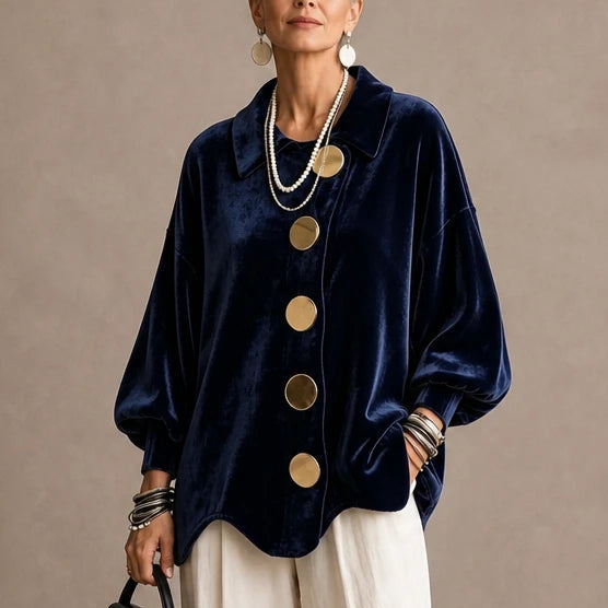 Velvara – Gold Button Velvet-Look Blouse
