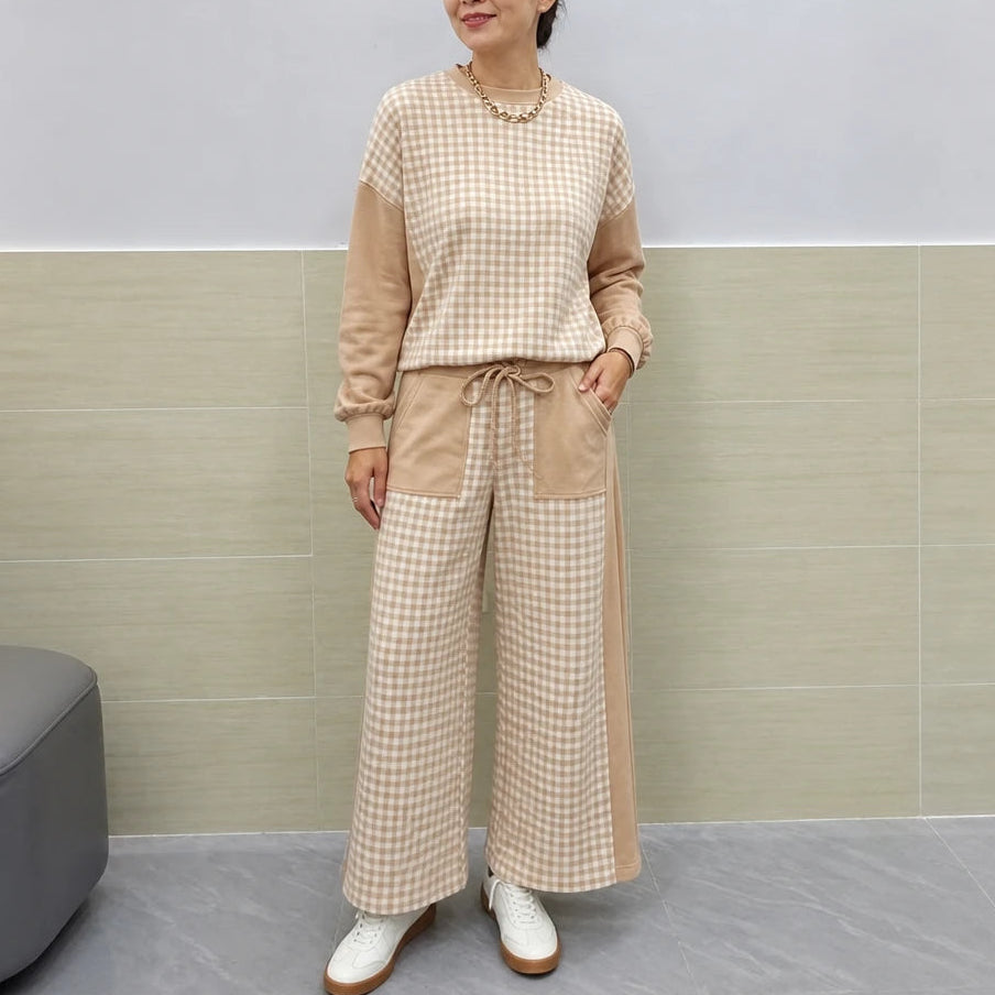 Gingham Ease – Gingham Long-Sleeve Top And Wide-Leg Pants Set