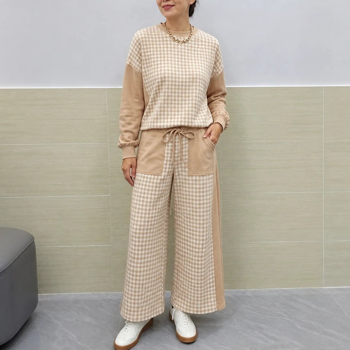 Gingham Ease – Gingham Long-Sleeve Top And Wide-Leg Pants Set