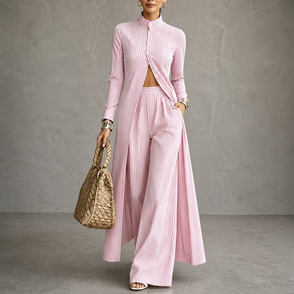 Wearbella – High-Low Striped Shirt And Wide-Leg Pants Set
