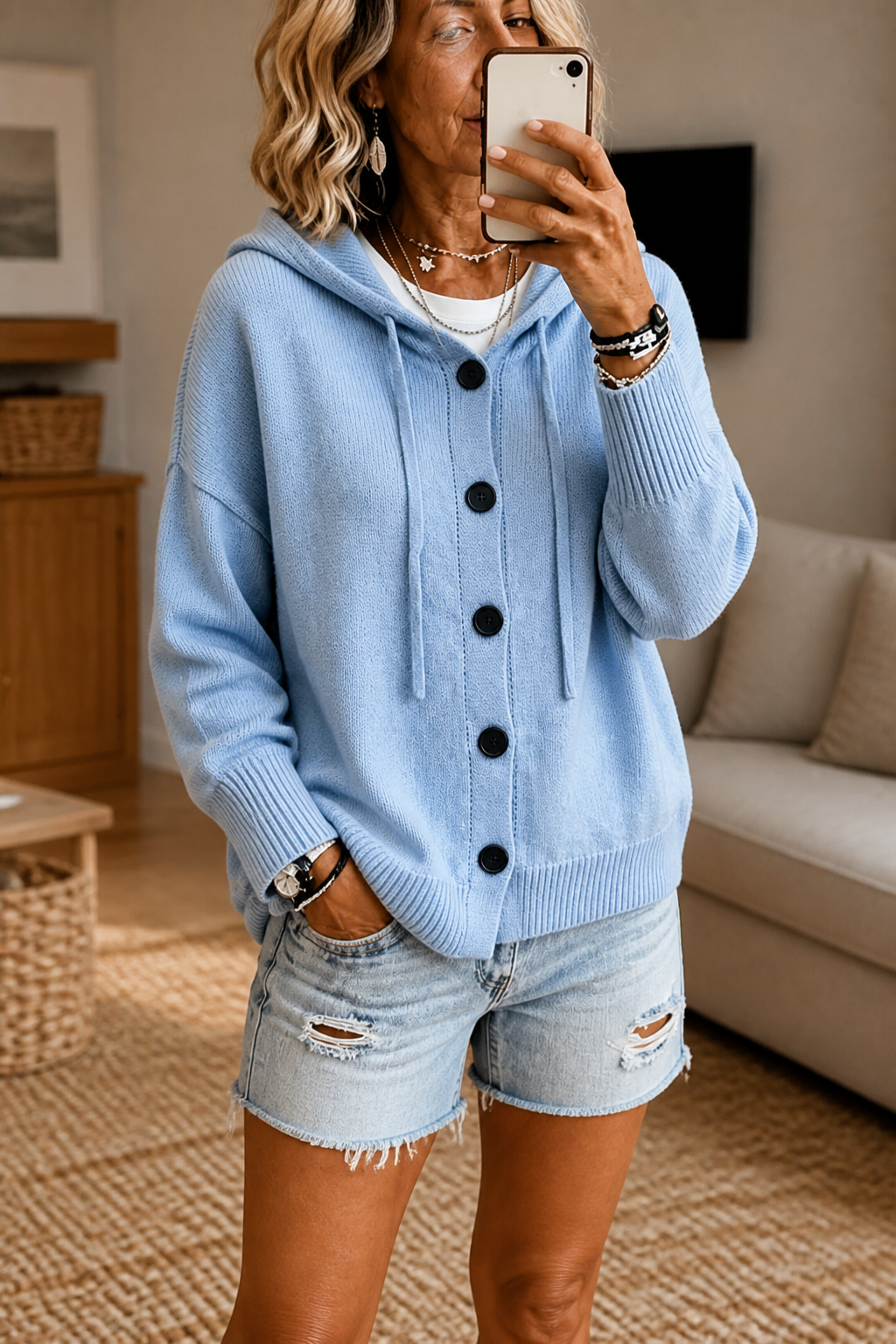 Wearbella – Hooded Ribbed Knit Drawstring Cardigan