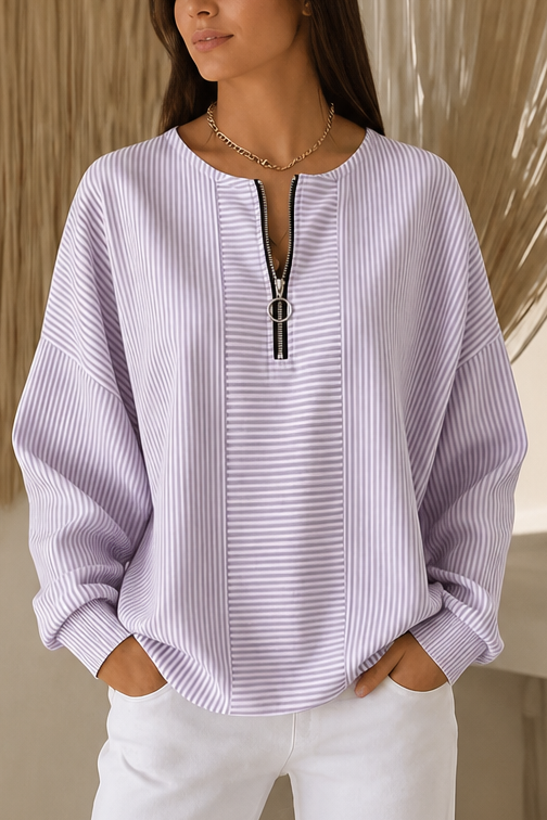 Everline – Striped Long Sleeve Zip-Up Top