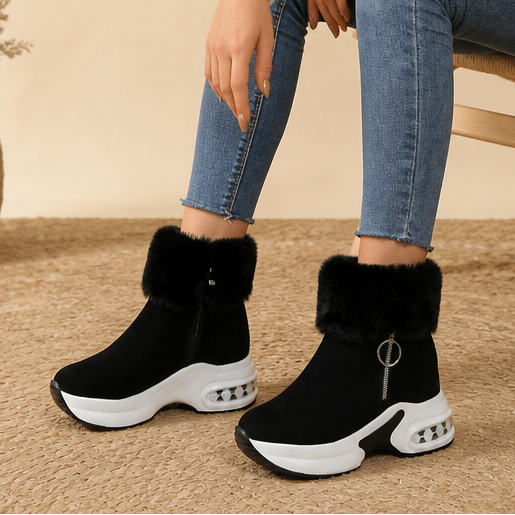 Veluna – Plush Fur-Cuff Chunky Ankle Boots