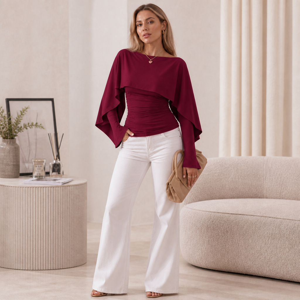 Wearbella – Cape Overlay Ruched Batwing Top