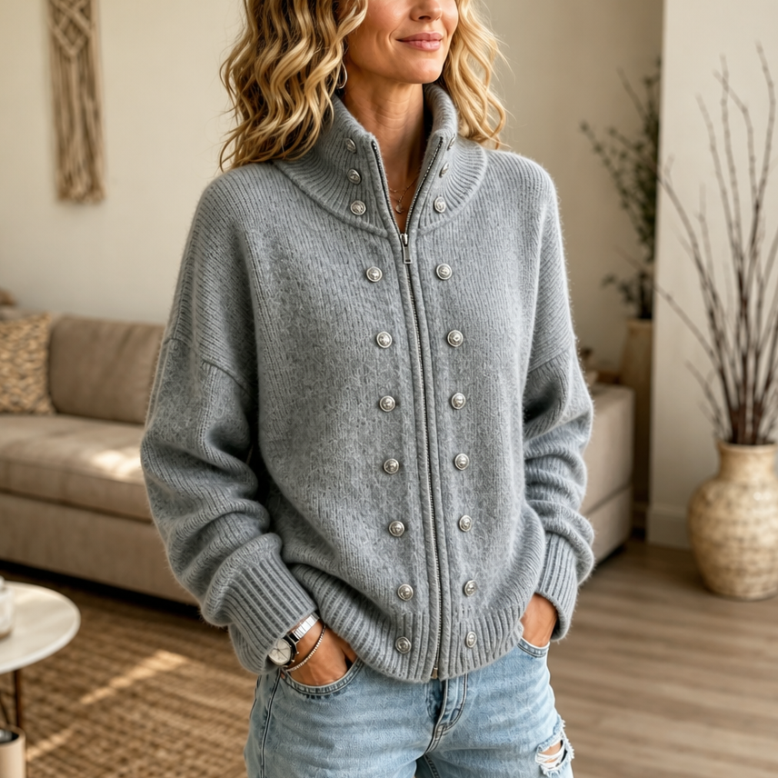 Mayfield – High-Collar Zip-Front Chunky Knit Cardigan Jacket