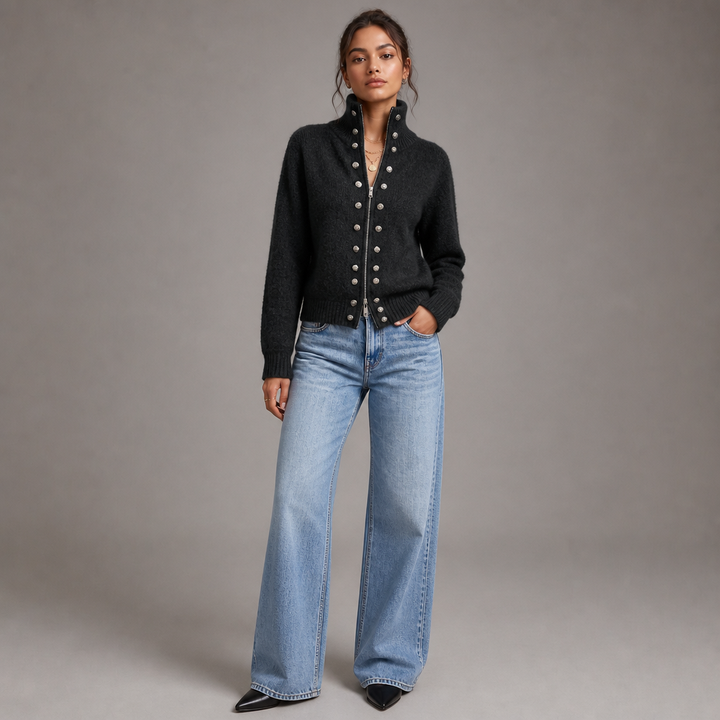 Wearvale – Two-Way Zip High-Neck Knit Cardigan