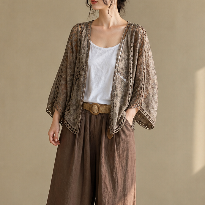 Wearbella – Crochet Trim Open-Front Cardigan