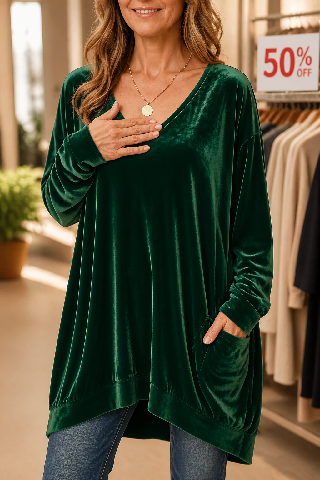 Velveau – Oversized Pocketed V-Neck Velvet Tunic