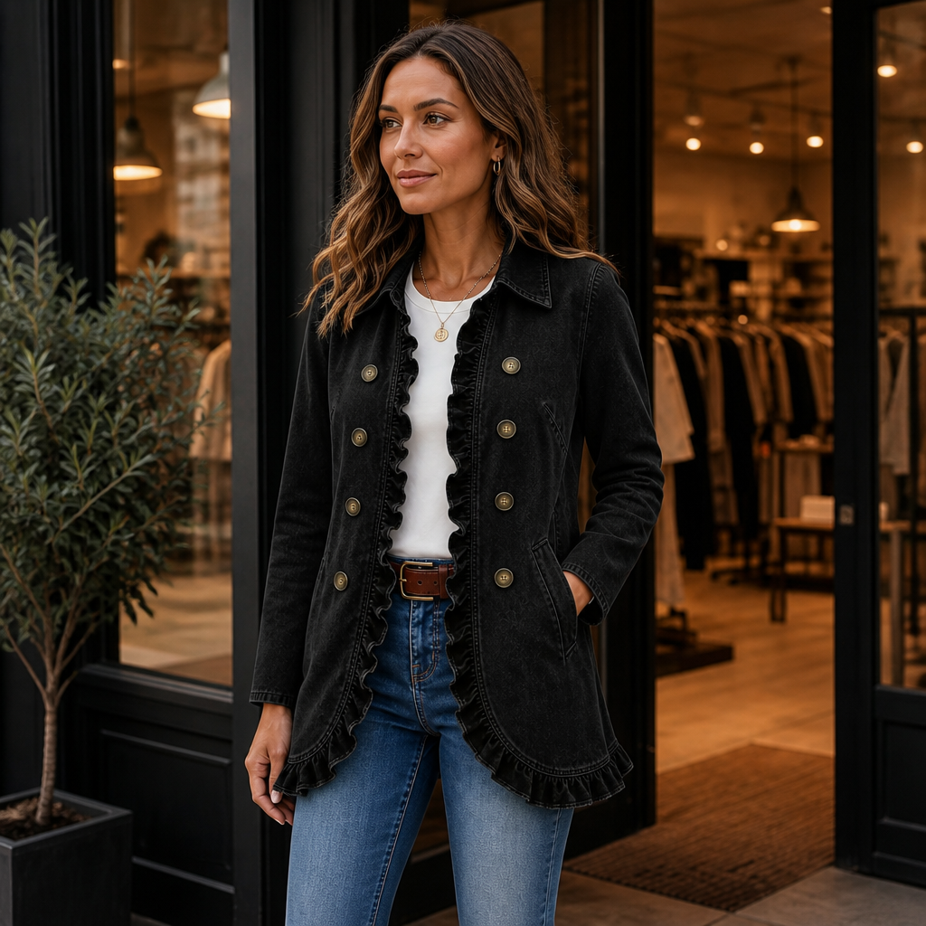 Ruffle & Row – Ruffle-Trim Button-Front Denim-Look Jacket